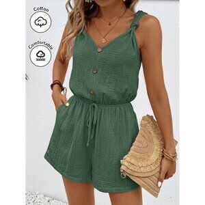 100% cotton drawstring waist sleeveless button Boho romper with pockets green